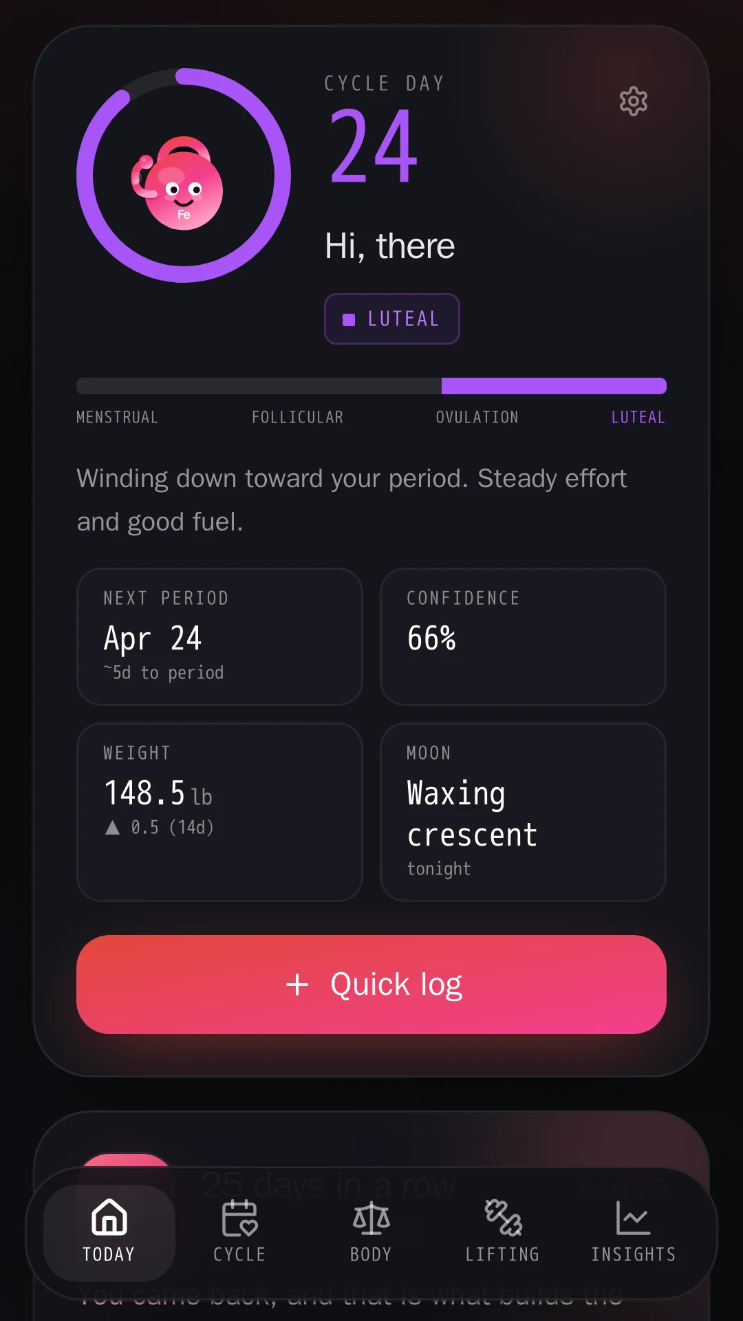 Ferrabelle for Android, Today screen: cycle day 24 in the luteal phase, next period April 24, confidence 66 percent, weight and moon phase