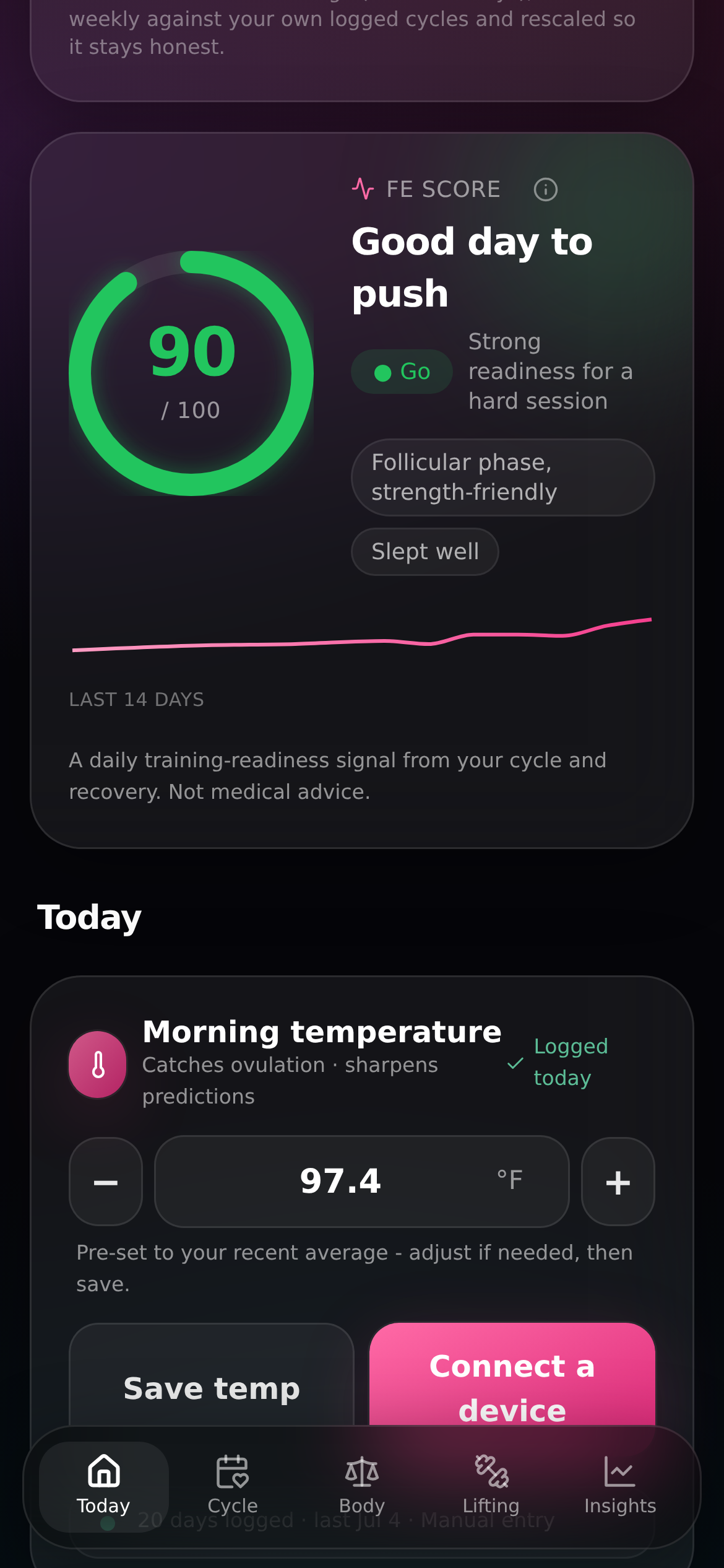 Ferrabelle's Today screen: the Fe Score readiness ring with cycle phase and next-period prediction